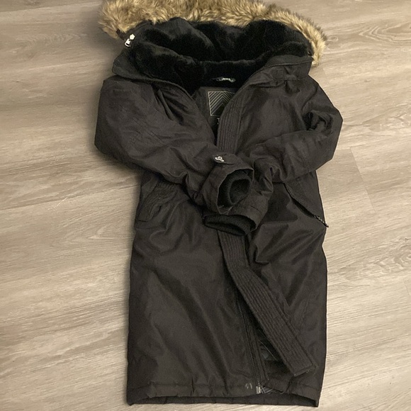 Aritzia TNA Aspen Parka Winter Coat Black Size Small Fur Trim Wool Long Jacket S - Picture 3 of 5
